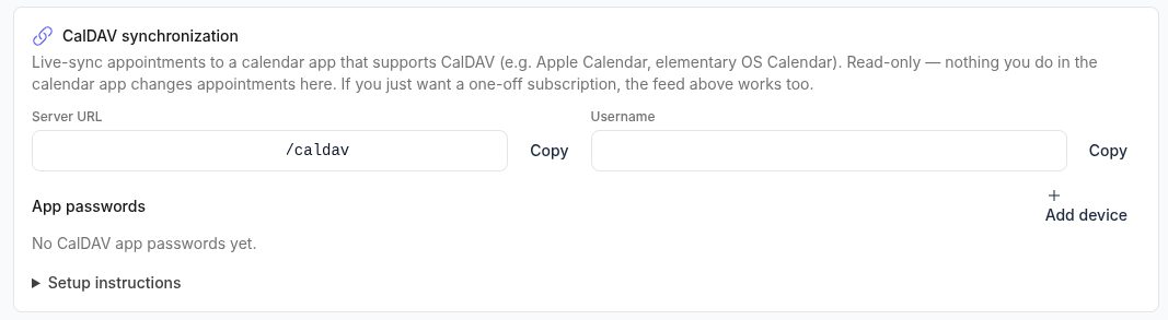 CalDAV connection details in Ticaga