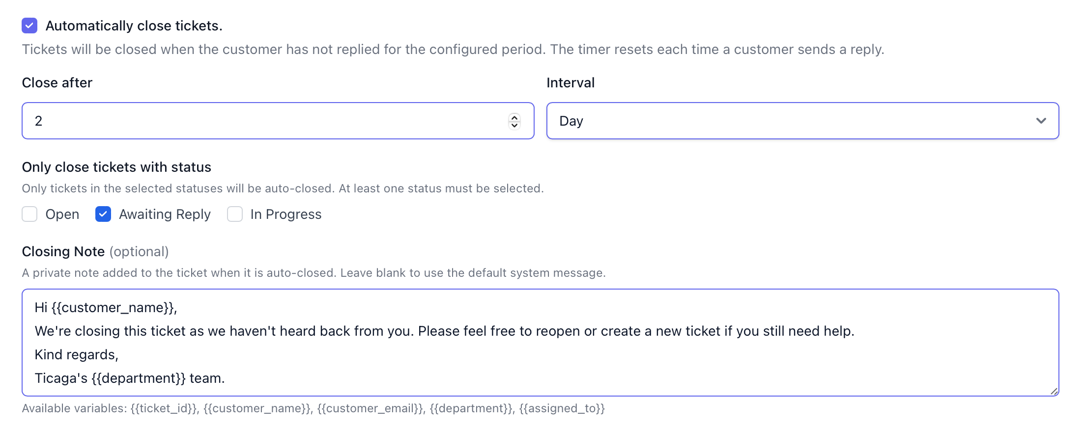 Automatic closure period and priority settings