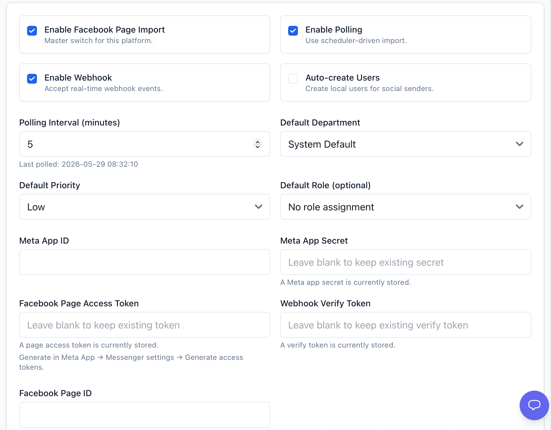 Ticaga Facebook social import settings